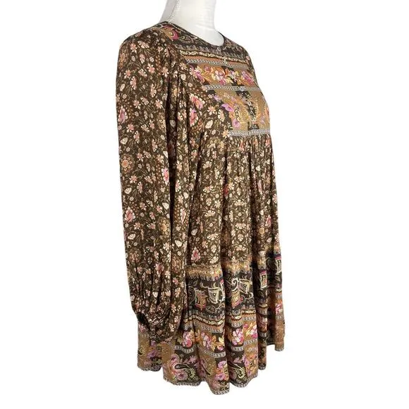 Spell Designs Madame Peacock Boho Mini Dress Coffee Brown Size Small