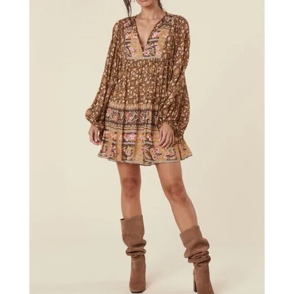 Spell Designs Madame Peacock Boho Mini Dress Coffee Brown Size Small