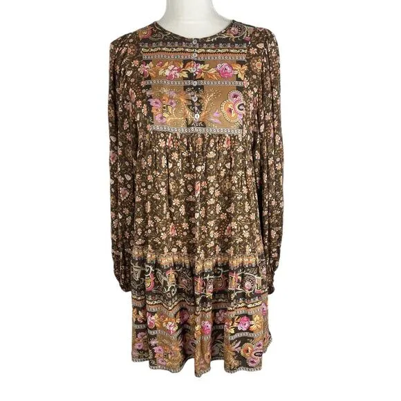 Spell Designs Madame Peacock Boho Mini Dress Coffee Brown Size Small