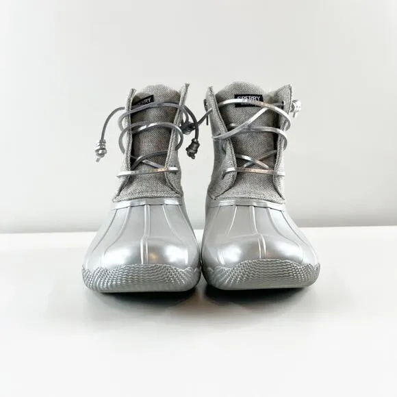 Sperry Saltwater Lace Up Rubber Duck Rain Boots Booties Gray Silver 5