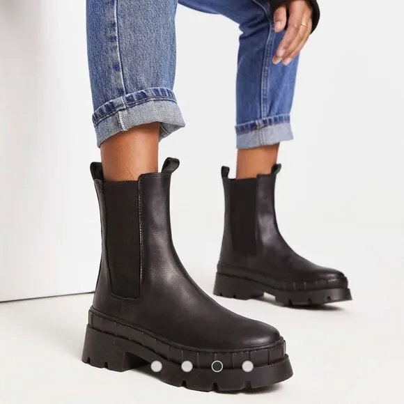 Steve Madden Barclay Boots Womens Sz 9.5 Black Leather Chunky Chelsea Combat Lug