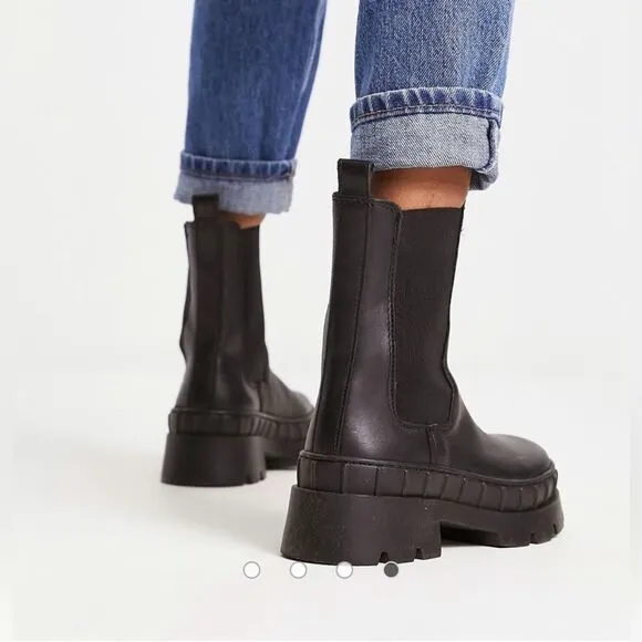 Steve Madden Barclay Boots Womens Sz 9.5 Black Leather Chunky Chelsea Combat Lug