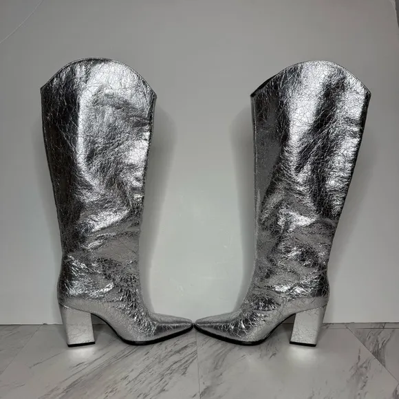 Steve Madden Croft Silver Pointy Toe Tall Boot 6 1/2 W