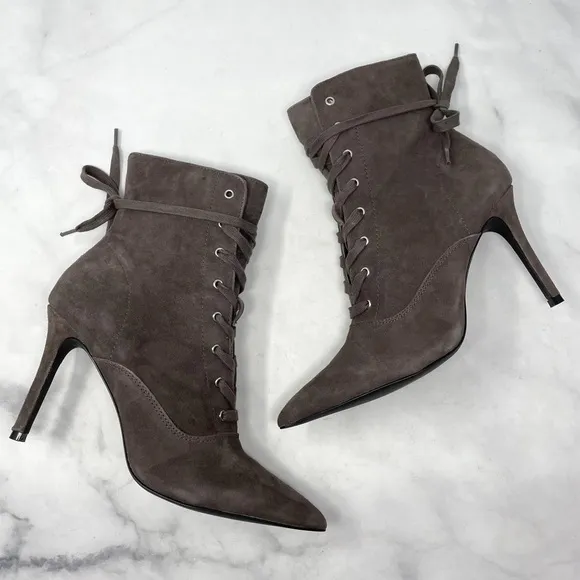 Steve Madden Jinx Suede Lace Up Pointed Toe Stiletto Ankle Boots Witch Grey 8.5
