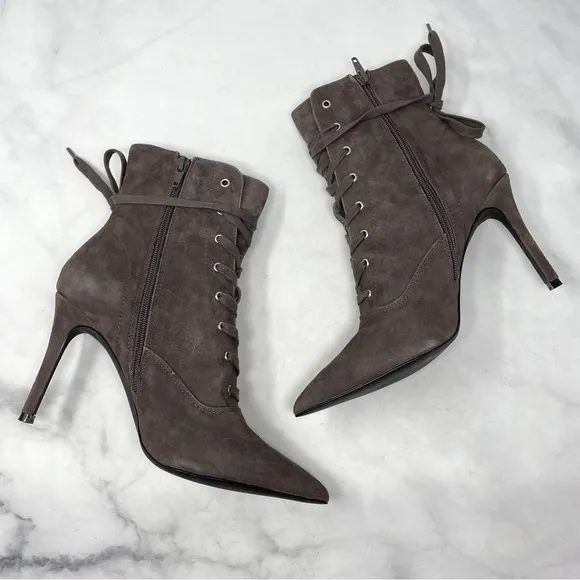 Steve Madden Jinx Suede Lace Up Pointed Toe Stiletto Ankle Boots Witch Grey 8.5