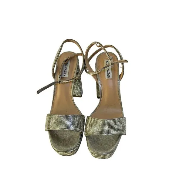 Steve Madden Lessa Platform Sandal Rhinestone Strappy Block Heel Size 10M
