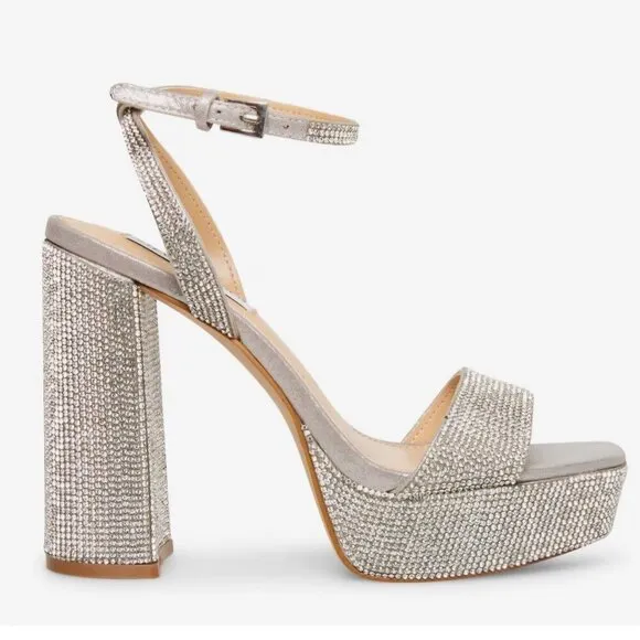Steve Madden Lessa Platform Sandal Rhinestone Strappy Block Heel Size 10M