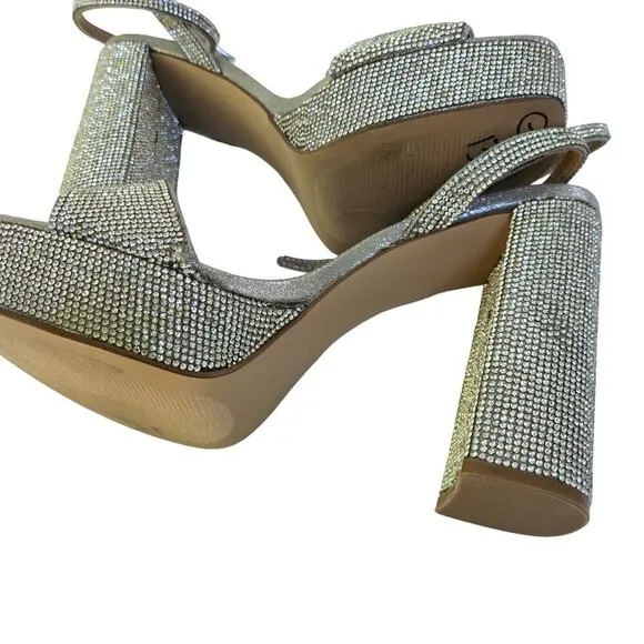 Steve Madden Lessa Platform Sandal Rhinestone Strappy Block Heel Size 10M
