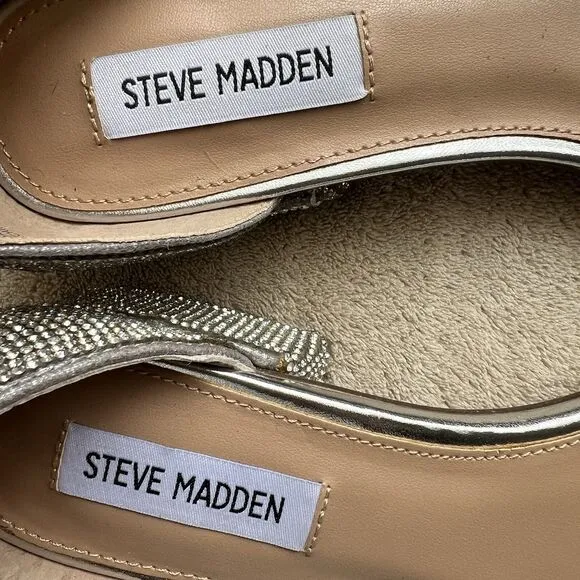 Steve Madden Nava Rhinestone Low Heel Silver Sandal Women 8 M Ankle Strap Square