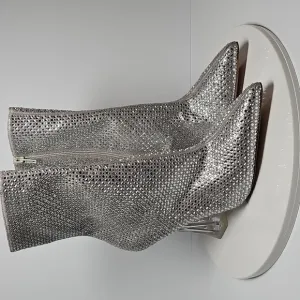 Steve Madden Vivy Bootie Heeled Boots Pointed Toe Rhinestone Metallic Silver 8