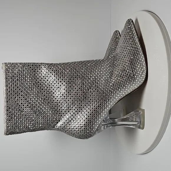 Steve Madden Vivy Bootie Heeled Boots Pointed Toe Rhinestone Metallic Silver 8