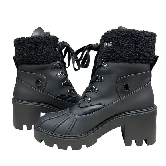 Steve Madden Women Chunky Platform Boots Northern Black Sherpa Trim Lug Sole 9.5