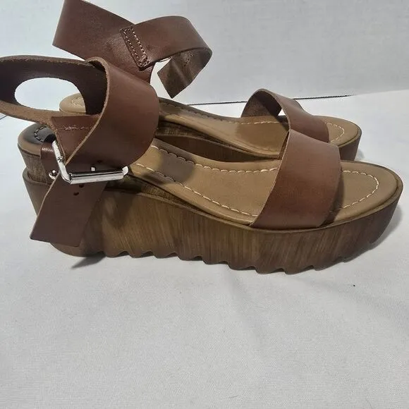 Steve Madden Wooden Keanu Cognac Leather womens Sandel 3.25&quot; Heel sz 7.5