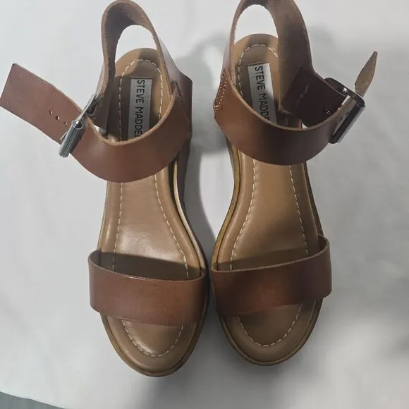 Steve Madden Wooden Keanu Cognac Leather womens Sandel 3.25&quot; Heel sz 7.5