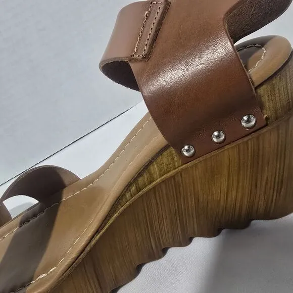 Steve Madden Wooden Keanu Cognac Leather womens Sandel 3.25&quot; Heel sz 7.5