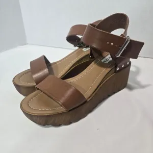 Steve Madden Wooden Keanu Cognac Leather womens Sandel 3.25&quot; Heel sz 7.5