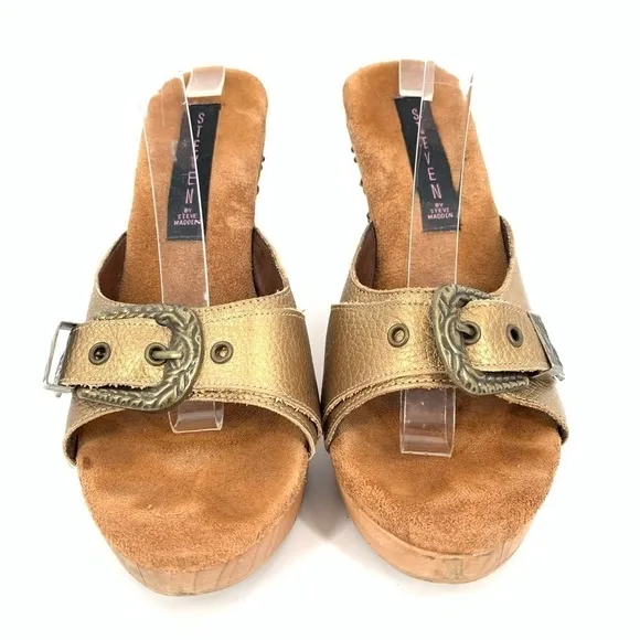 Steven Steve Madden wedge platforms size 10 bronze leather wooden sandals