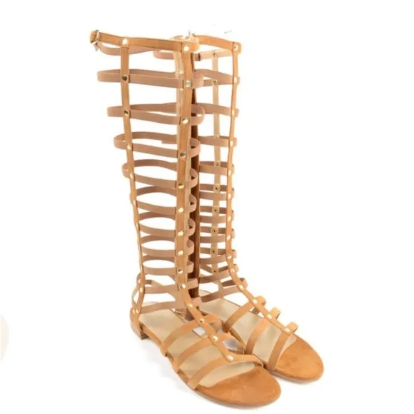 STUART WEITZMAN KNEE-HIGH SUEDE GLADIATOR SANDAL TAN​​​