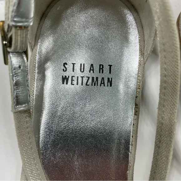 Stuart Weitzman Low Heel Ankle Strap Silver Leather Women’s Sandals Size 7