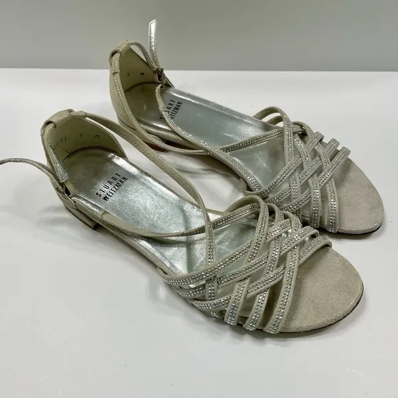 Stuart Weitzman Low Heel Ankle Strap Silver Leather Women’s Sandals Size 7
