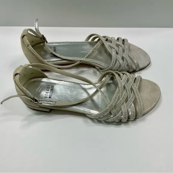 Stuart Weitzman Low Heel Ankle Strap Silver Leather Women’s Sandals Size 7