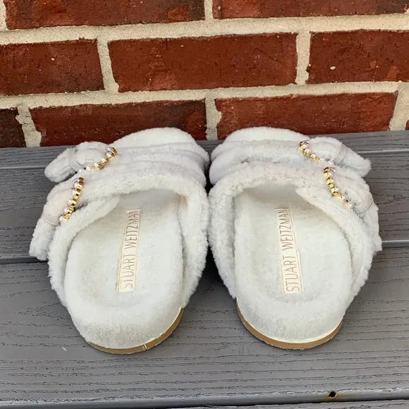 Stuart Weitzman Piper Pearl Studded Shearling Slides