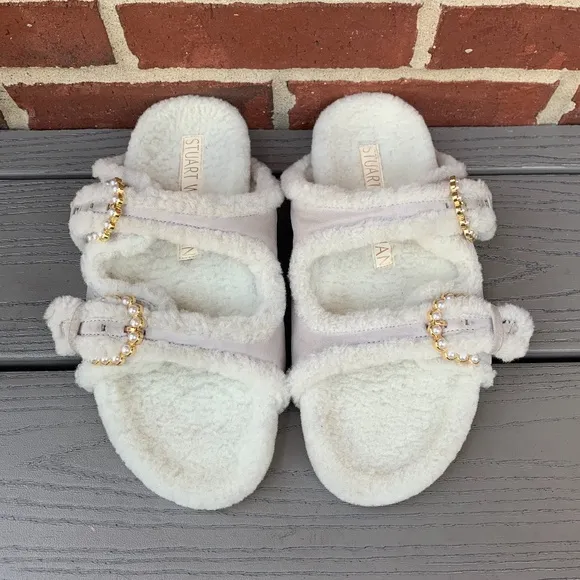 Stuart Weitzman Piper Pearl Studded Shearling Slides