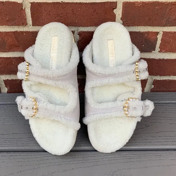 Stuart Weitzman Piper Pearl Studded Shearling Slides