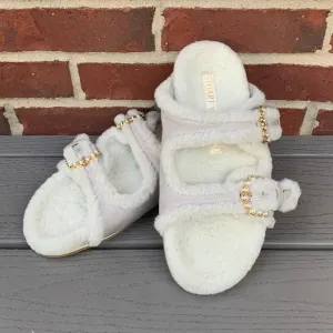 Stuart Weitzman Piper Pearl Studded Shearling Slides