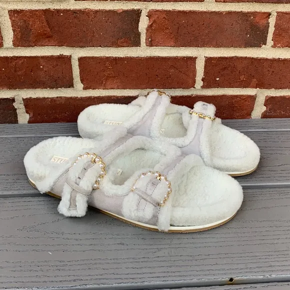 Stuart Weitzman Piper Pearl Studded Shearling Slides