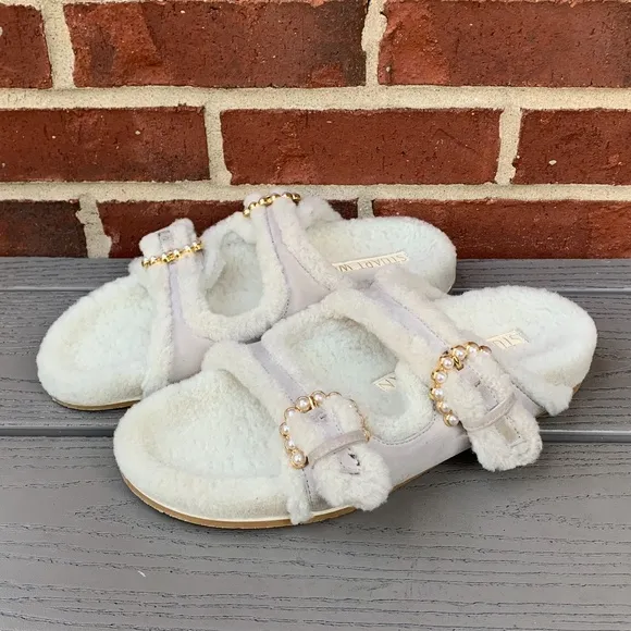 Stuart Weitzman Piper Pearl Studded Shearling Slides