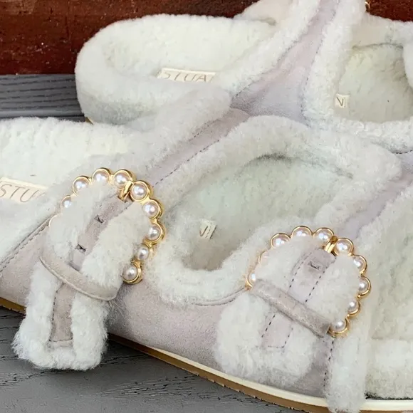 Stuart Weitzman Piper Pearl Studded Shearling Slides