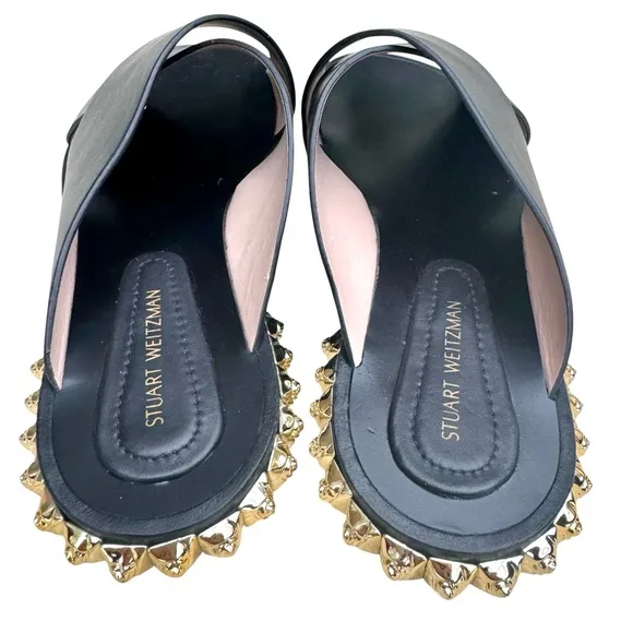 Stuart Weitzman Rockrose Studded Leather Slides Black Cross Strap Sandals Womens