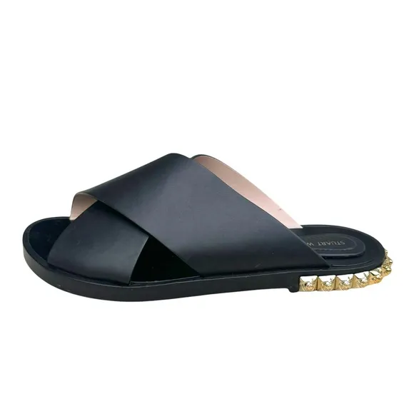Stuart Weitzman Rockrose Studded Leather Slides Black Cross Strap Sandals Womens