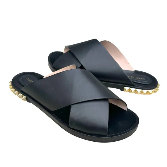 Stuart Weitzman Rockrose Studded Leather Slides Black Cross Strap Sandals Womens