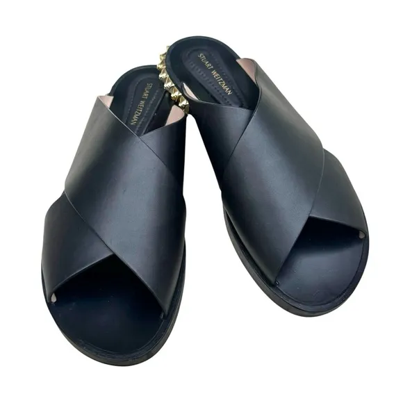 Stuart Weitzman Rockrose Studded Leather Slides Black Cross Strap Sandals Womens
