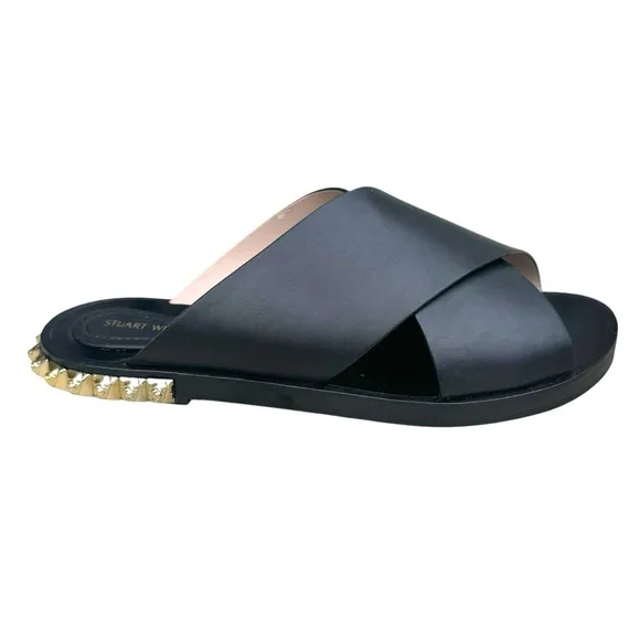 Stuart Weitzman Rockrose Studded Leather Slides Black Cross Strap Sandals Womens