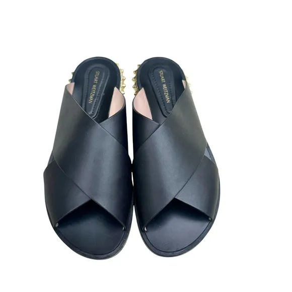 Stuart Weitzman Rockrose Studded Leather Slides Black Cross Strap Sandals Womens