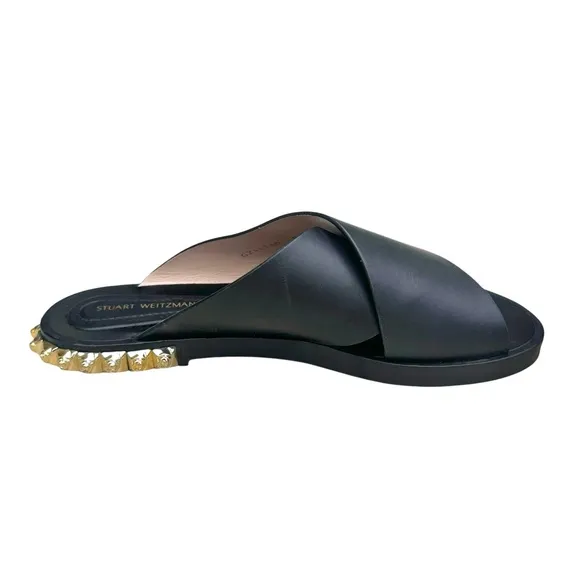 Stuart Weitzman Rockrose Studded Leather Slides Black Cross Strap Sandals Womens