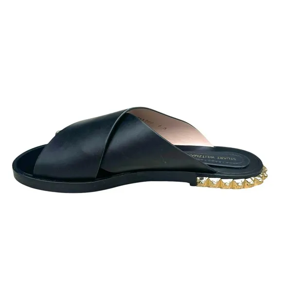 Stuart Weitzman Rockrose Studded Leather Slides Black Cross Strap Sandals Womens