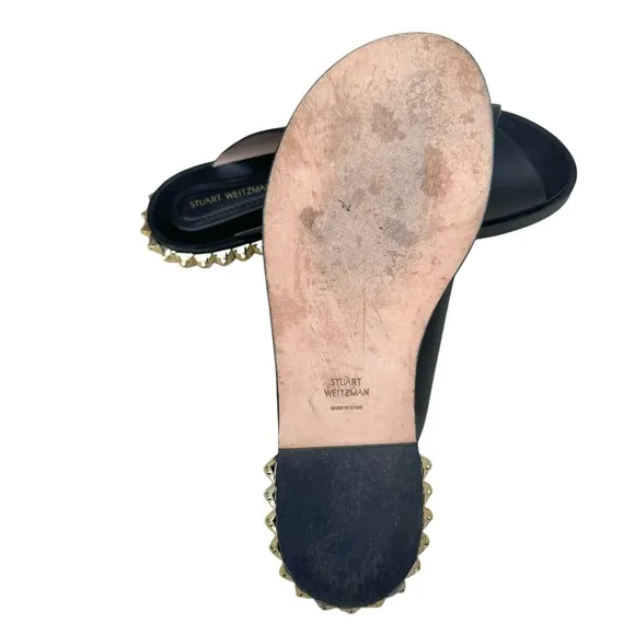 Stuart Weitzman Rockrose Studded Leather Slides Black Cross Strap Sandals Womens
