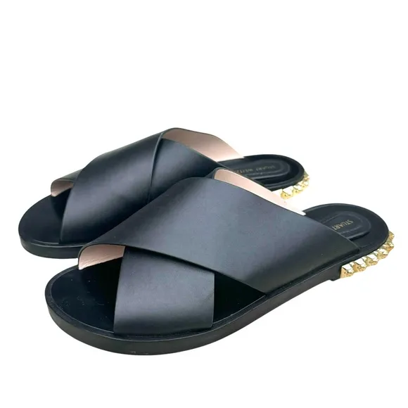 Stuart Weitzman Rockrose Studded Leather Slides Black Cross Strap Sandals Womens