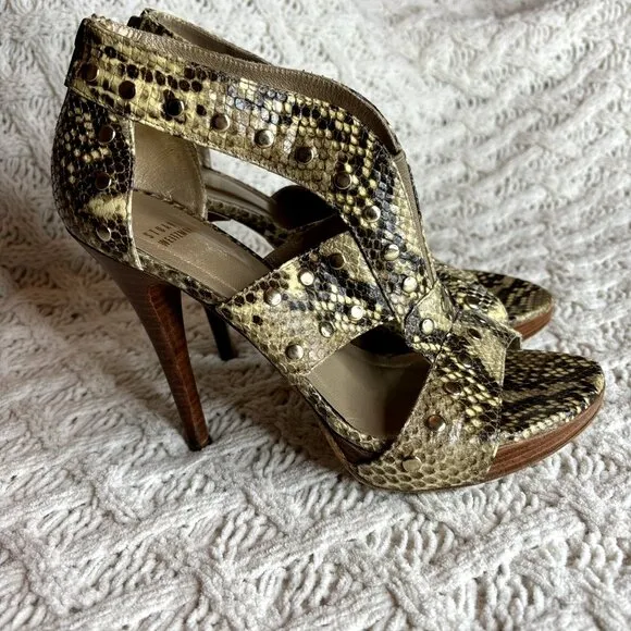 Stuart Weitzman Snake Print Leather Platform‎ Studded Zip-Caged Sandals 8.5 M