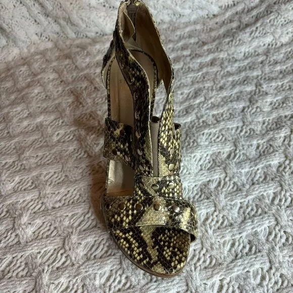 Stuart Weitzman Snake Print Leather Platform‎ Studded Zip-Caged Sandals 8.5 M