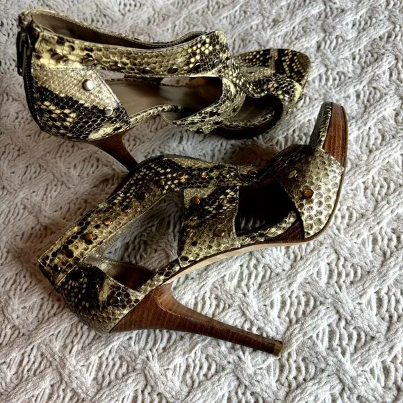 Stuart Weitzman Snake Print Leather Platform‎ Studded Zip-Caged Sandals 8.5 M