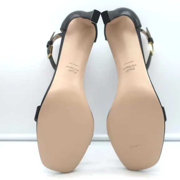 Stuart Weitzman Square Nudist Sandals Black Leather Size 9 Ankle Strap Heels NEW