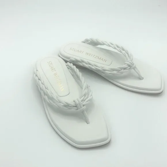 Stuart Weitzman White Calypso Leather Flat Thong Braided Sandals