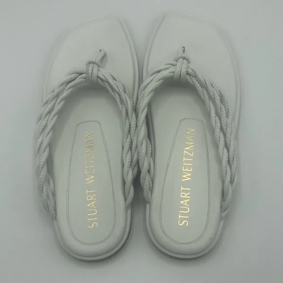 Stuart Weitzman White Calypso Leather Flat Thong Braided Sandals