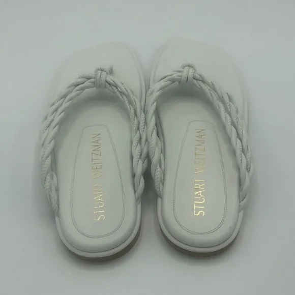 Stuart Weitzman White Calypso Leather Flat Thong Braided Sandals