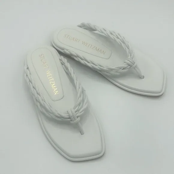 Stuart Weitzman White Calypso Leather Flat Thong Braided Sandals